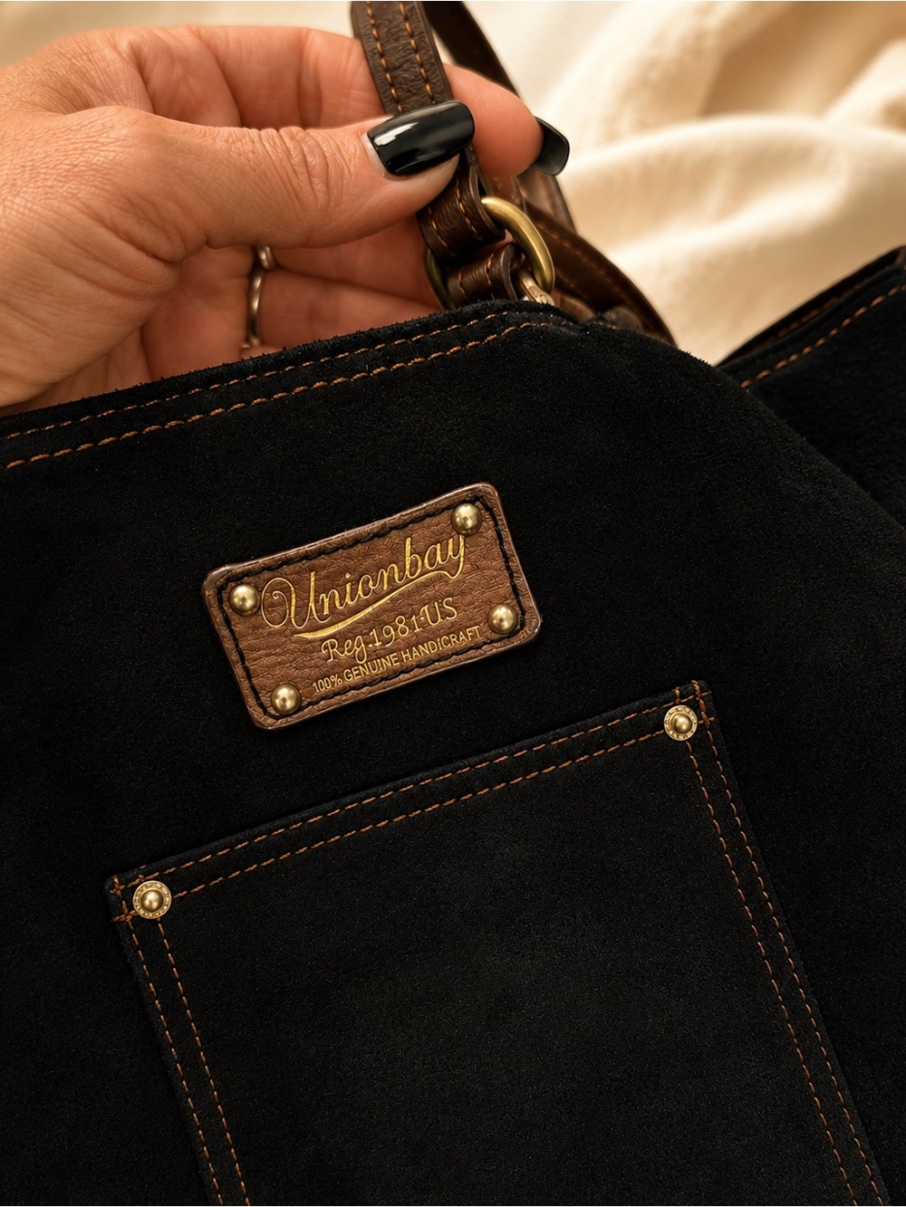 Vintage 2000s Unionbay Black Suede Shoulder Tote Bag Brown Leather Trim Y2K - Picture 2 of 12